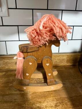 Vintage Hand-Painted Wooden Rocking Horse Figurine with Yarn Mane and Tail